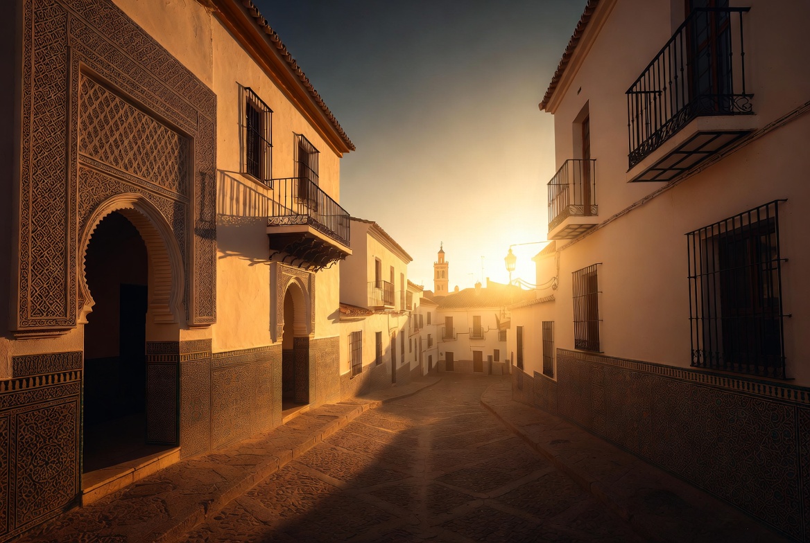 Rue andalouse baignée de lumière dorée